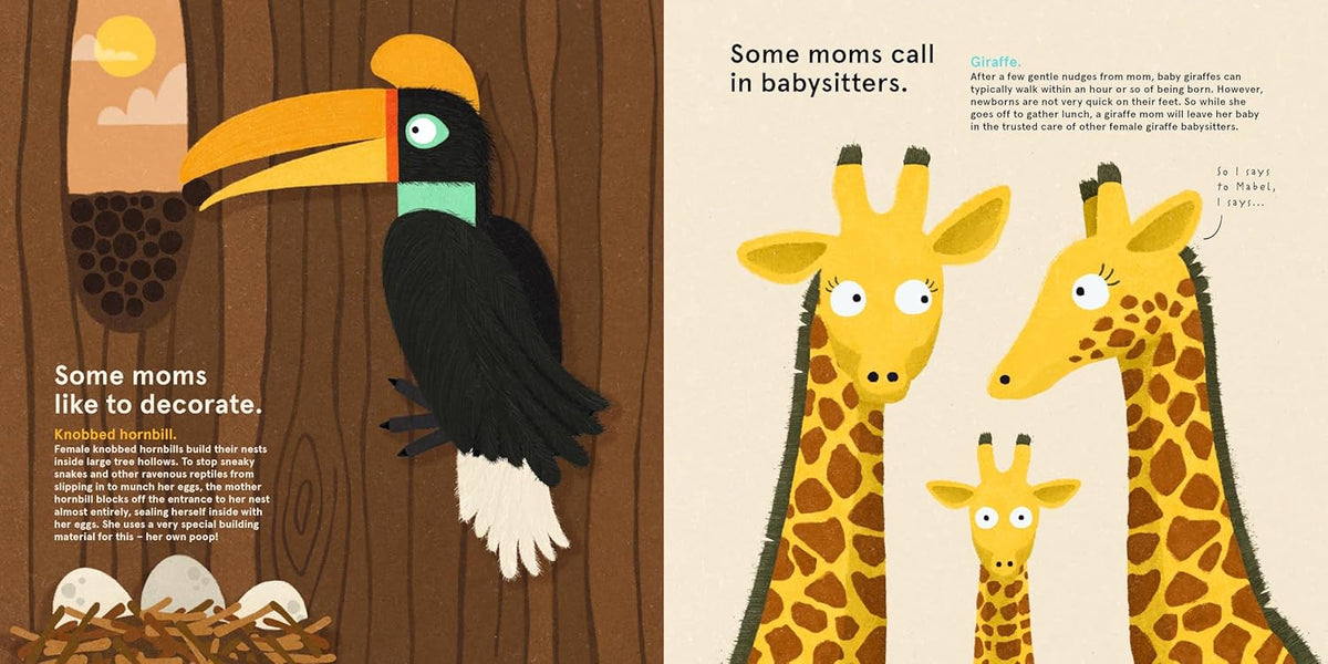 Illustration of a toucan and giraffes with text on a wooden and beige background