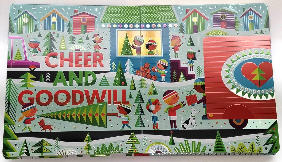 Decorative Christmas card with festive illustrations and text on a white background