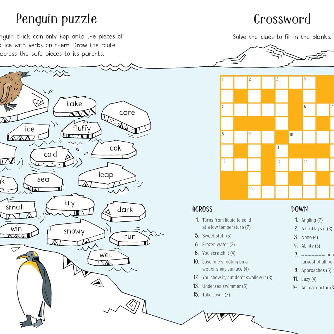 A children's activity page titled 'Penguin puzzle' with a penguin illustration, a word puzzle, and a crossword grid on a light blue background.
