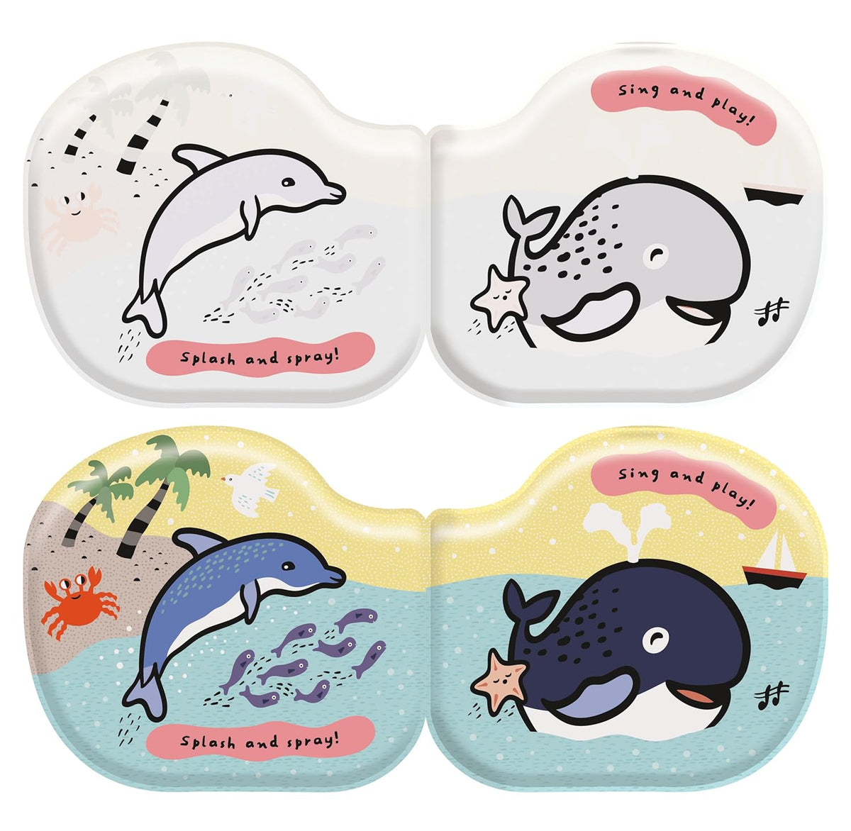 Set of four children's toys with dolphin and whale designs on a white background