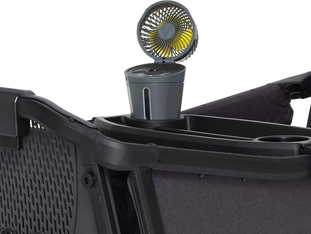 Black outdoor chair with cup holder and fan on a white background