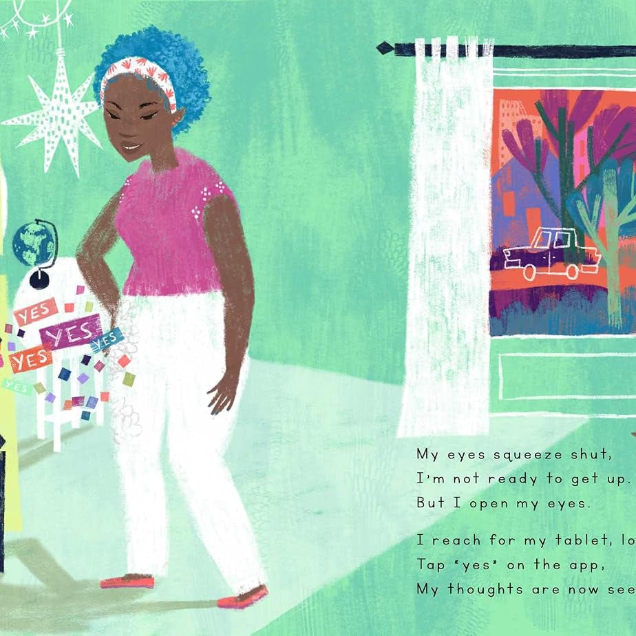 Illustration of a child and an adult in a bedroom with colorful elements and text.