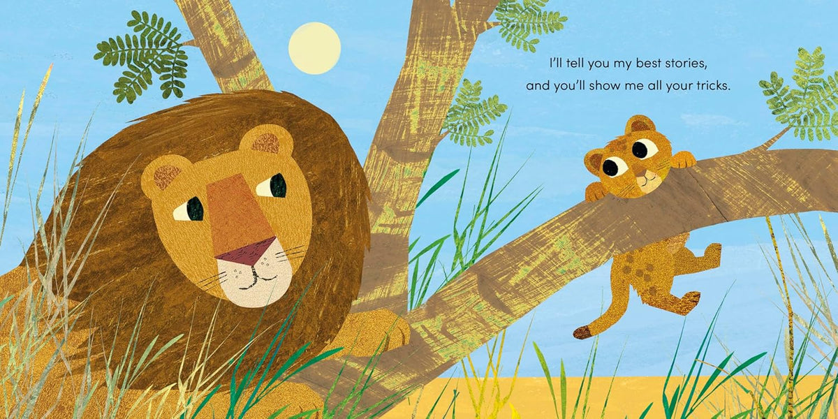 Illustration of a lion and a cub in a tree with a blue sky background.