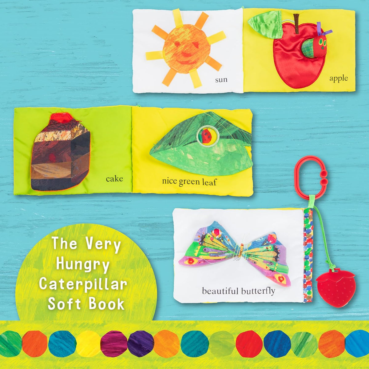Colorful soft book for children with various educational elements on a blue background