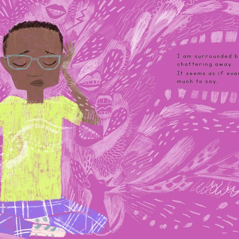 Illustration of a child meditating on a pink background with text.