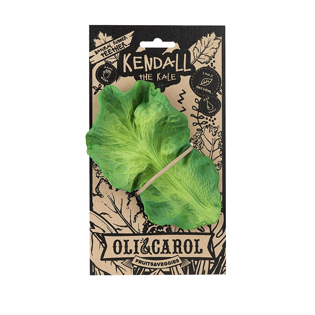Green leaf toy with 'Kendall the Kale' branding on a decorative packaging background