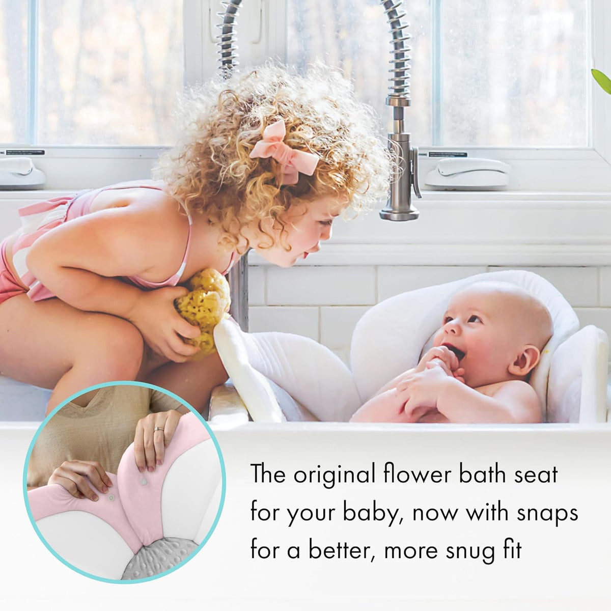 Child interacting with a baby in a bath seat, with text about the product's features.