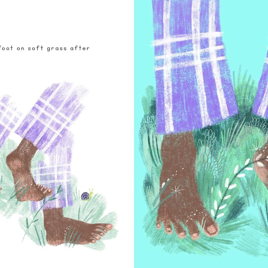 Illustration of bare feet in checkered pants standing on grass with text about enjoying being barefoot after rain.
