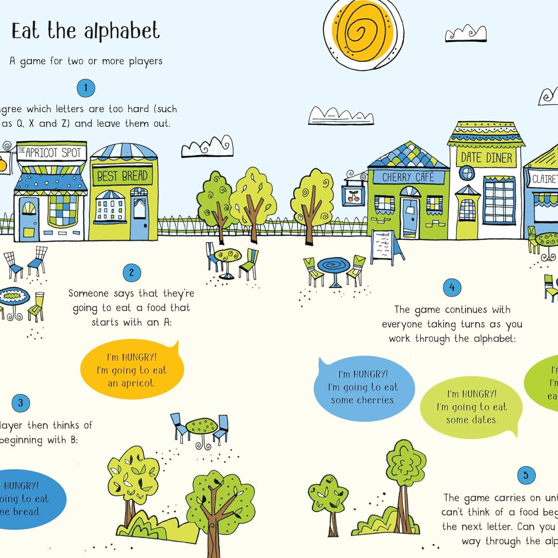A colorful illustrated children's activity sheet titled 'Eat the alphabet' with playful text, letters, and cartoon storefronts, trees, chairs, and sun on a pale blue background.