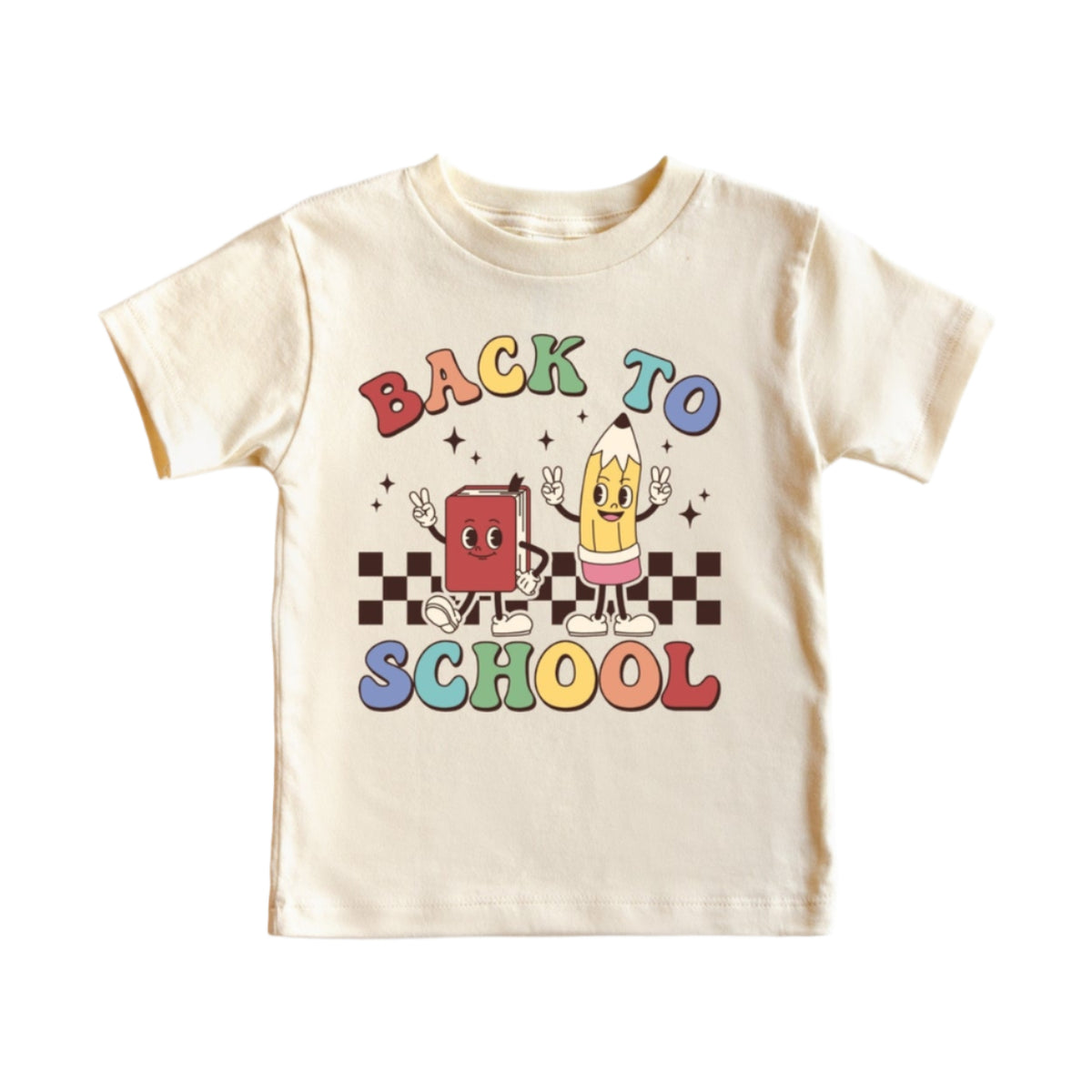 A cream-colored short-sleeve baby t-shirt featuring a colorful 'Back to School' graphic with cartoon book and pencil characters on a checkered background.