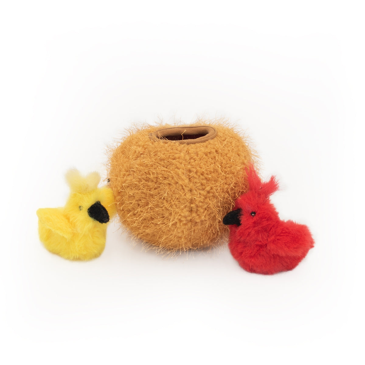 Cat toy with a yellow duck, brown ball, and red fish on a white background