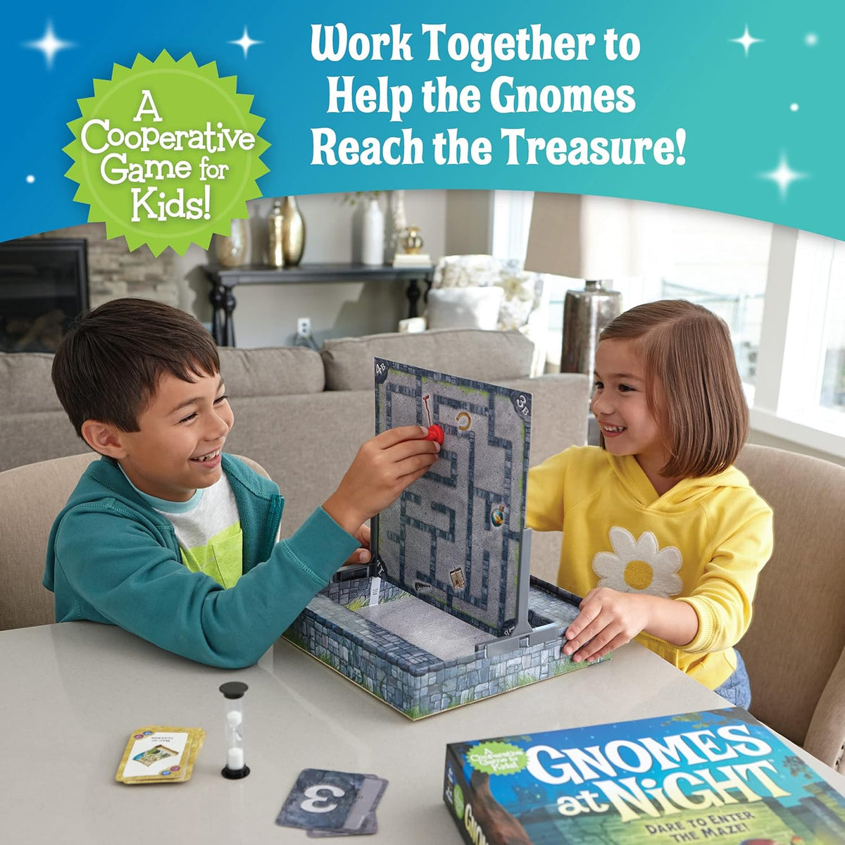 Two children playing with a board game titled 'Gnomes at Night' in a living room setting.