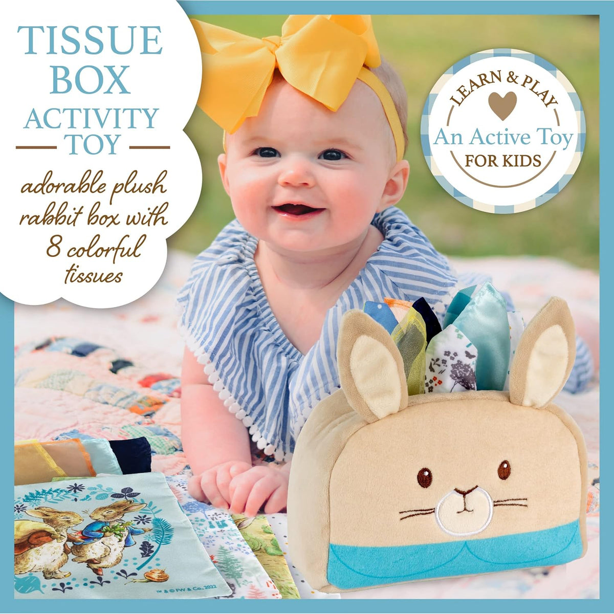 Baby with a plush rabbit tissue box and colorful tissues, featuring text about the product.
