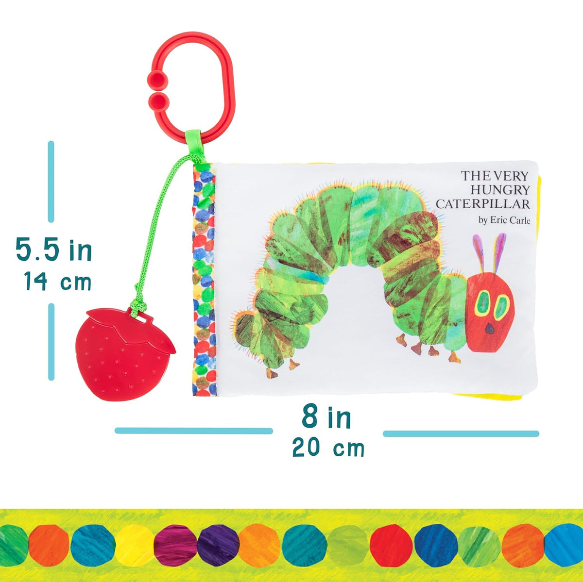 Children's book 'The Very Hungry Caterpillar' with a toy and measurements on a white background