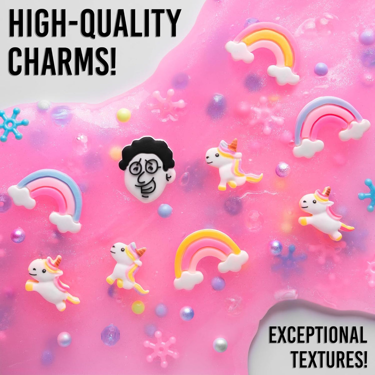 Colorful charms including a person with glasses, unicorns, and rainbows on a pink background.