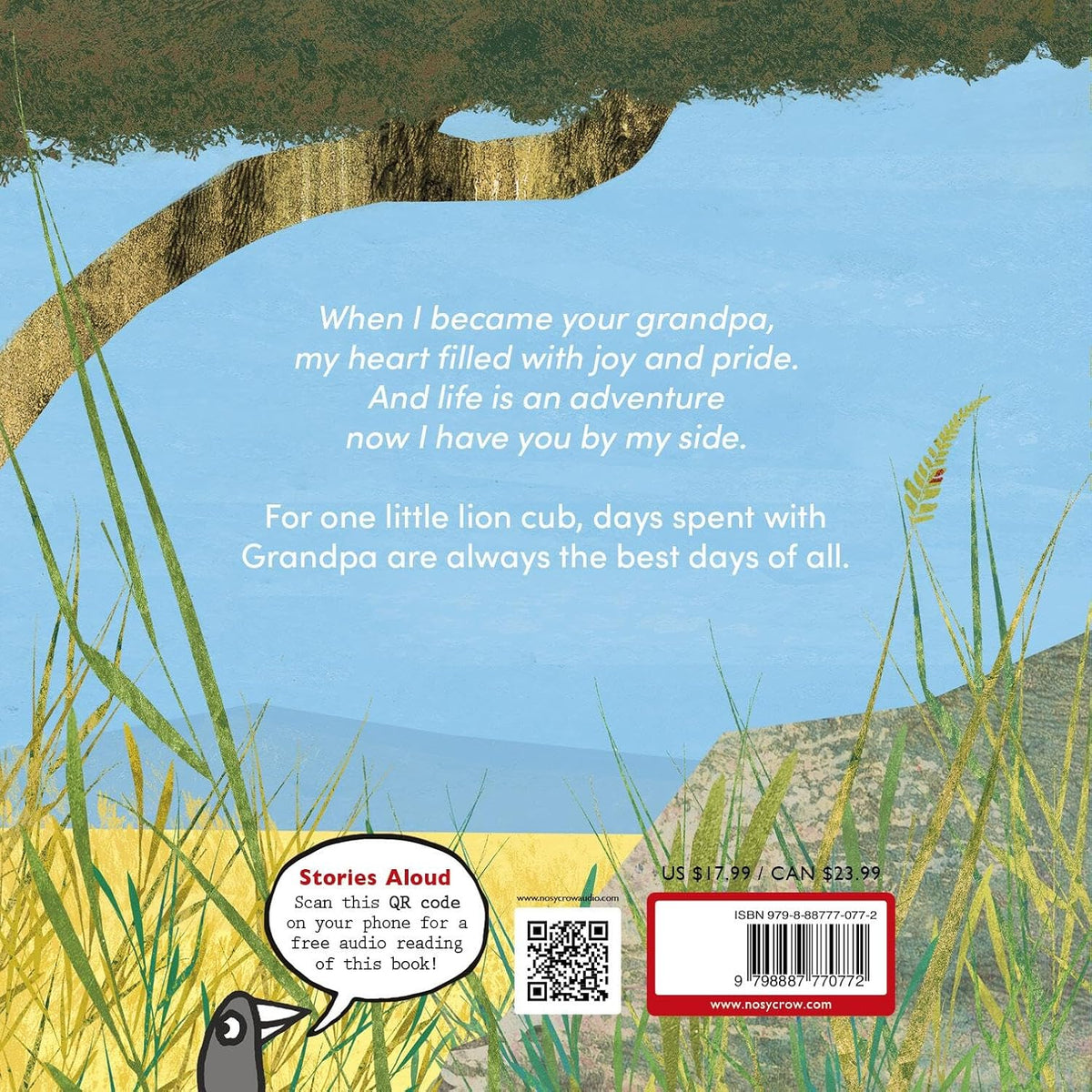 Bookback with text and QR code, featuring a natural landscape illustration.