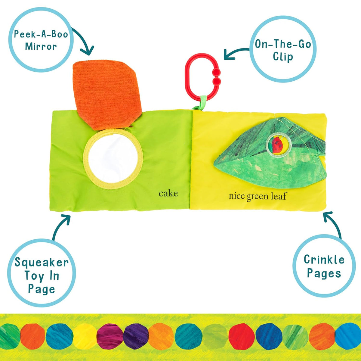 Children's toy book with interactive features labeled on a white background