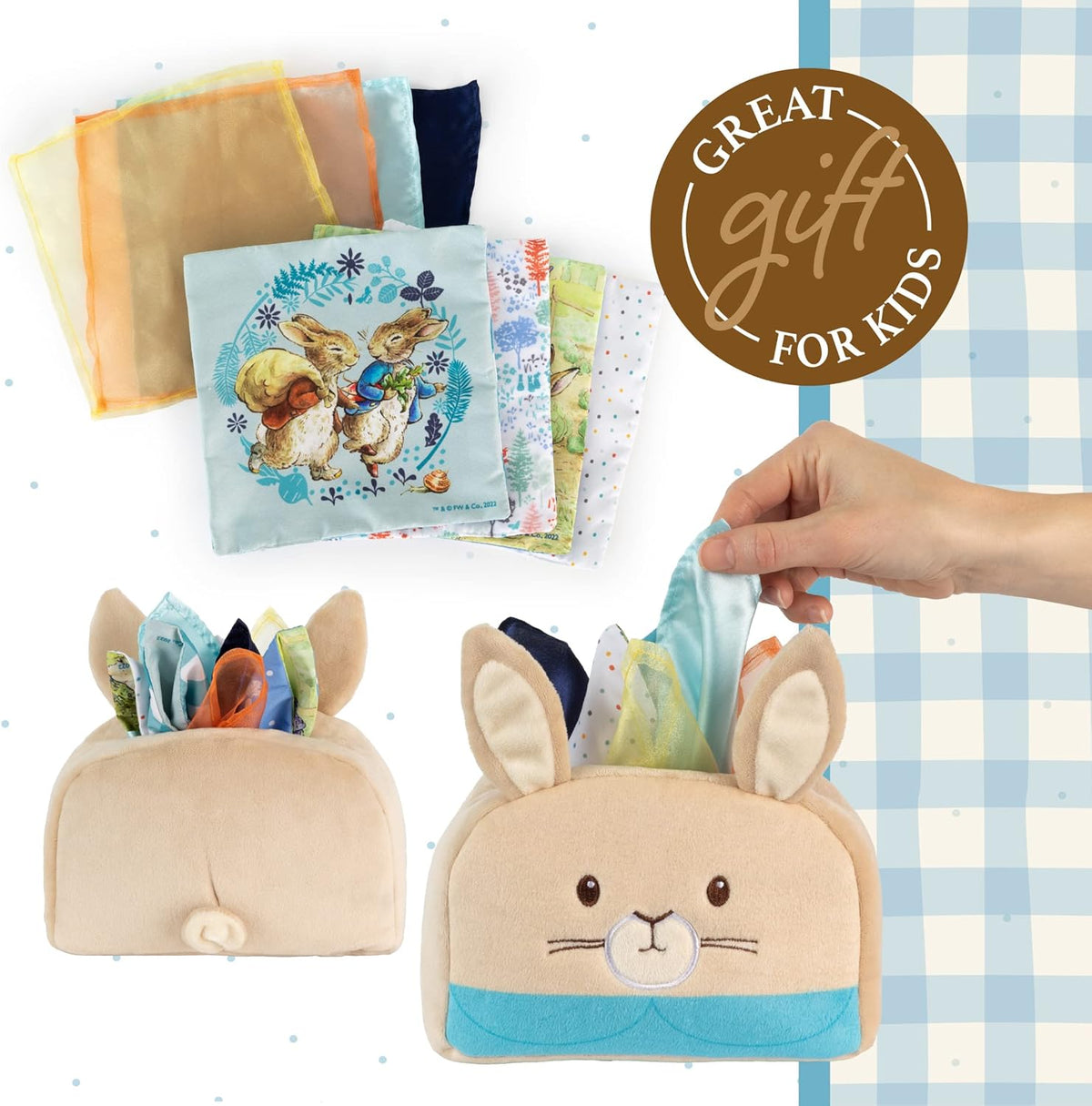 Children's book with a bunny design and a plush bunny bag on a checkered background.