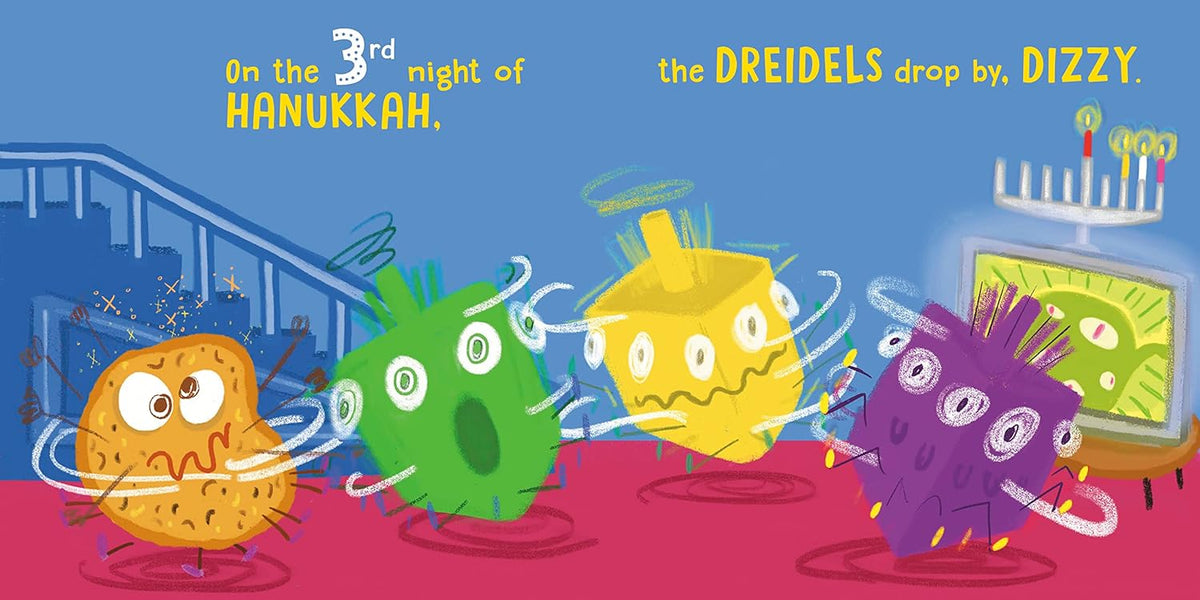 Cartoon dreidels with colorful design on a blue background, featuring text about Hanukkah.
