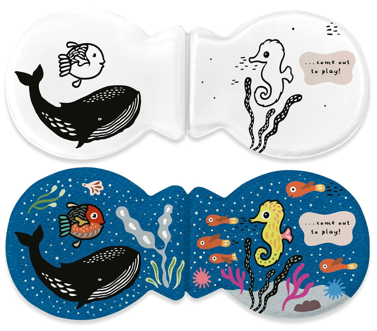 Children's book with ocean-themed illustrations and a brush on a white background