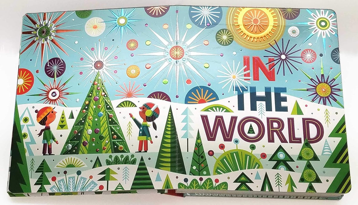Colorful book cover with illustrations of trees, people, and abstract shapes on a white background