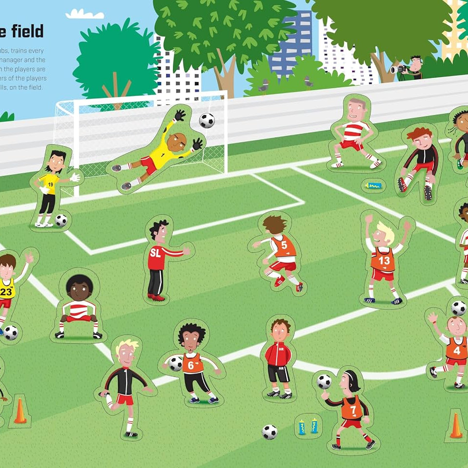 Illustration of children playing soccer on a training ground with cones and a goal.
