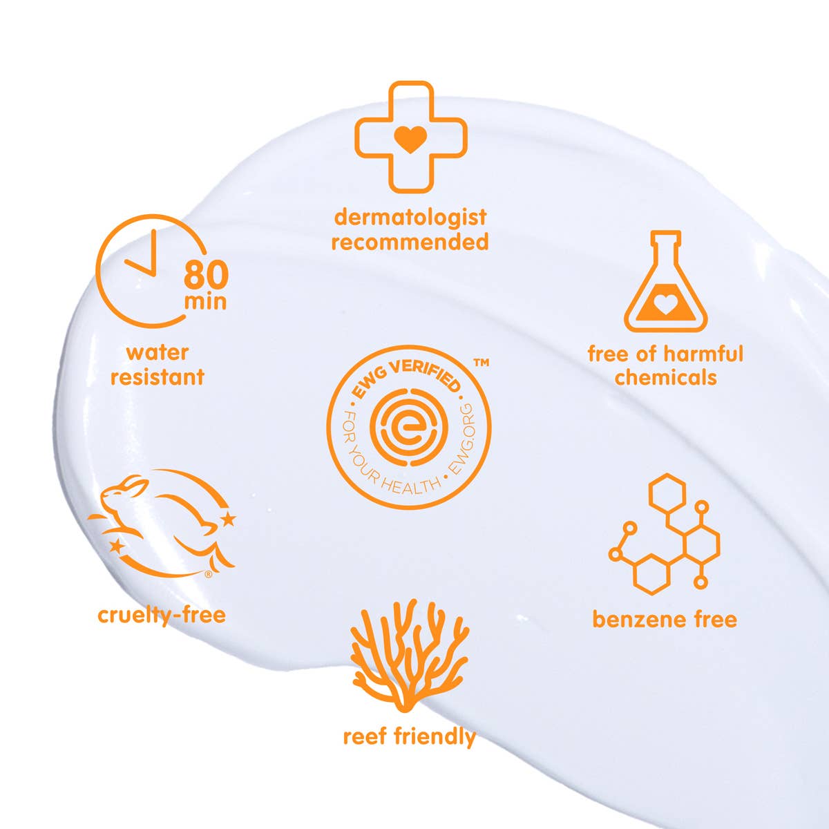 White container with orange icons and text highlighting product features on a white background
