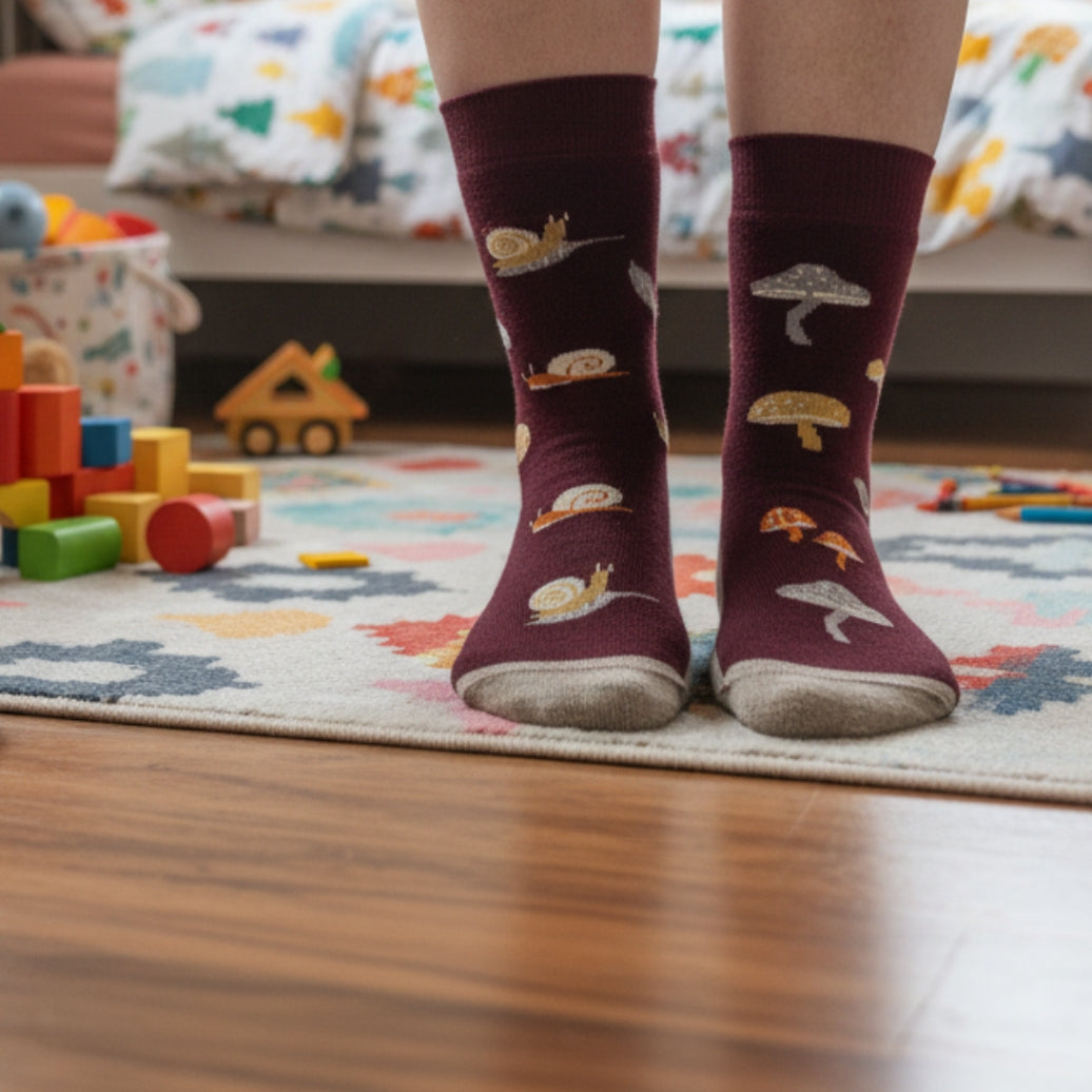 A person standing on a patterned rug in a child's bedroom, wearing burgundy crew socks with embroidered mushrooms, snails, and grasshoppers.