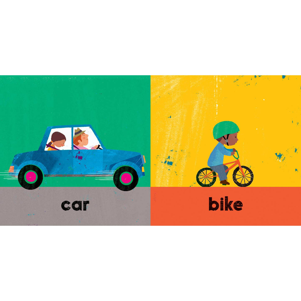 Illustration of a car and a bike with children on a colorful background