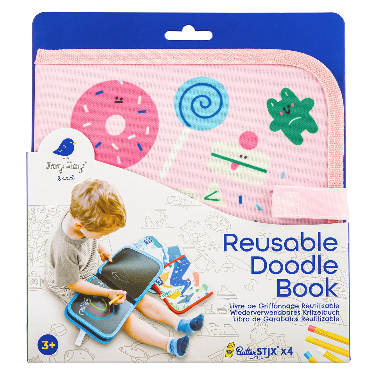 Tony Tony Bird Reusable Doodle Book set in its retail packaging, featuring a pink zippered cover decorated with colorful cartoon doodles, and a front panel showing a child using the blue and black drawing tablet.
