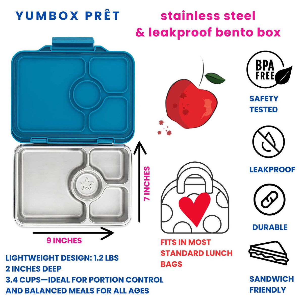 Yumbox Pret stainless steel and leakproof bento box with features highlighted