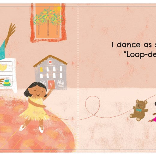 Illustration of children and a women dancing on a pink background.