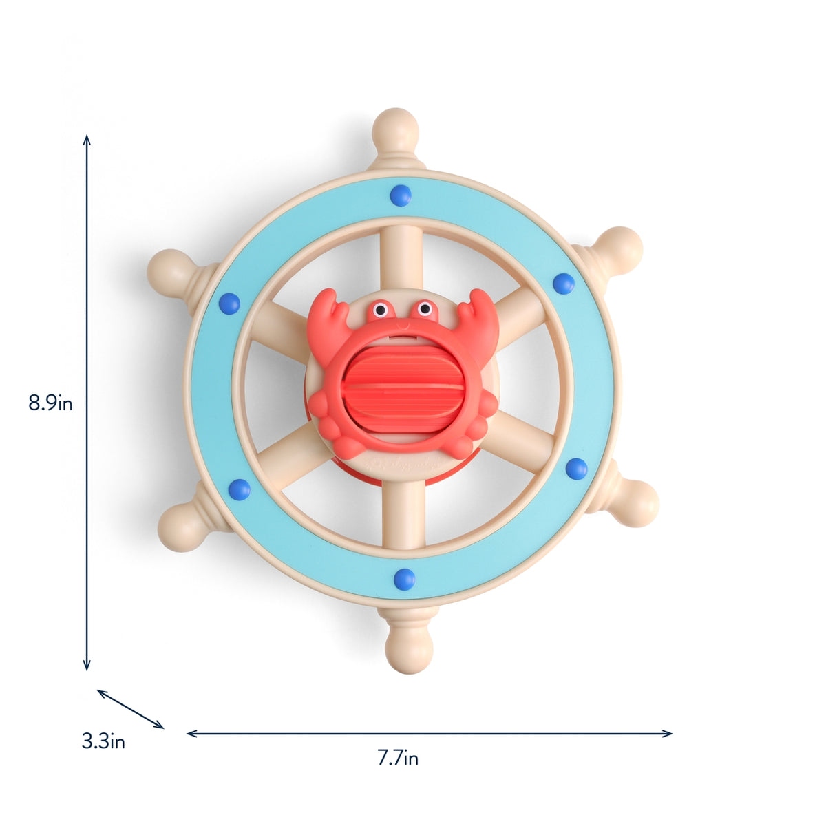 Wooden toy steering wheel with a crab figure on a white background