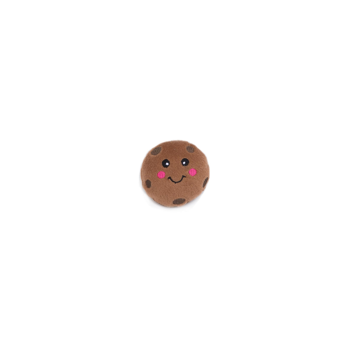 A small brown plush toy shaped like a round cookie with embroidered facial features, including black eyes, a curved smile, and pink cheeks, centered on a plain white background.
