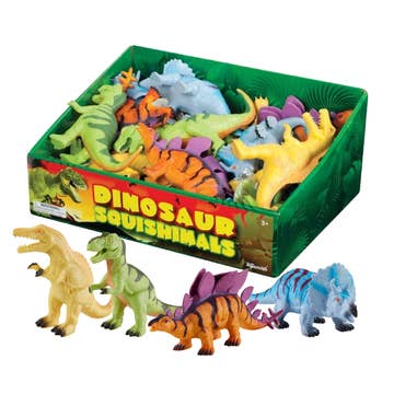 Box of Dinosaur Squishimals toys with various colorful dinosaur figures on a white background