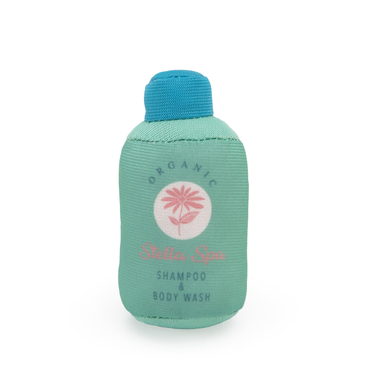 A miniature green toy bottle of shampoo and body wash with a textured blue cap, featuring a floral design on the front, standing against a white background.