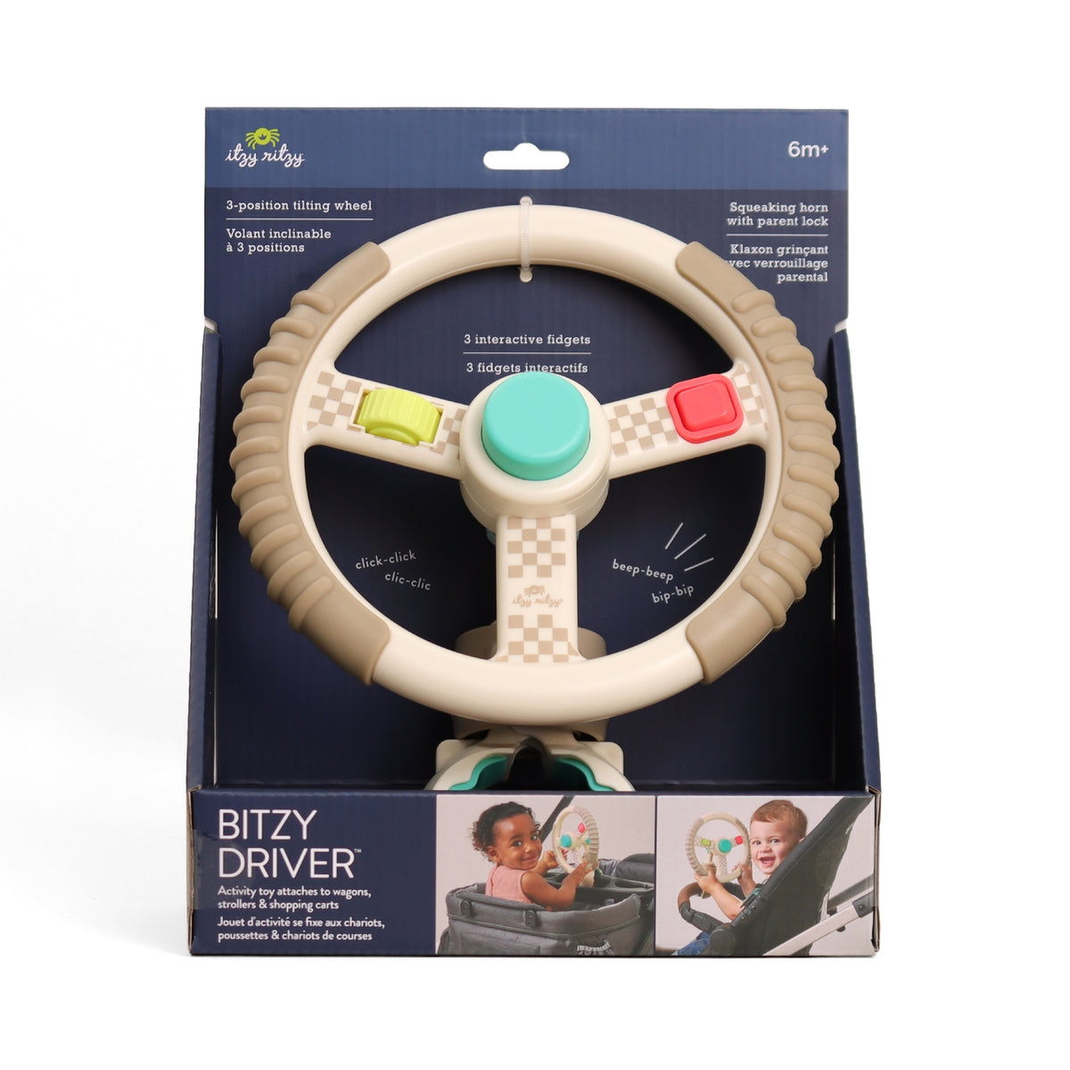 Toy steering wheel in packaging with branding and product details.