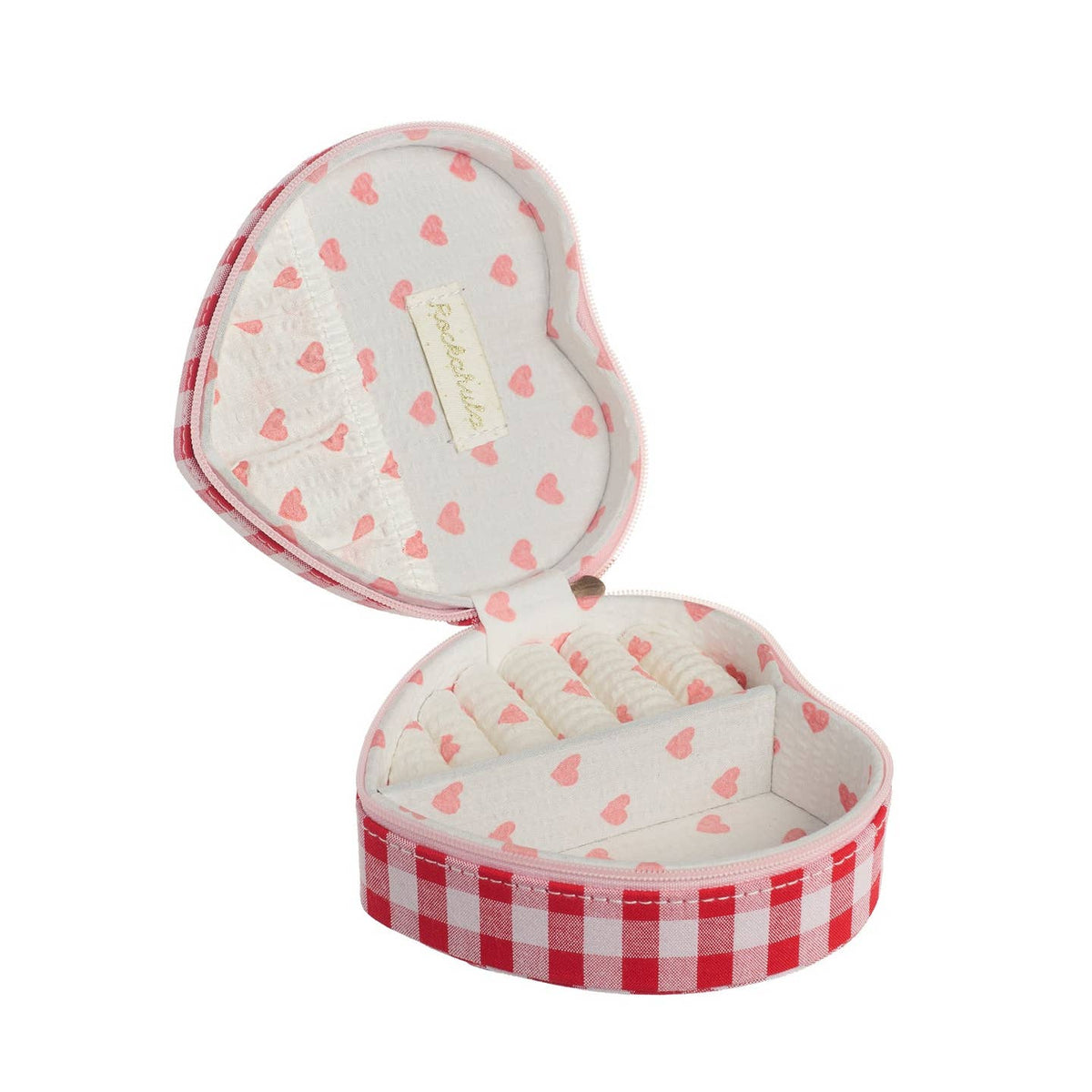 Heart-shaped jewelry box with pink hearts and red checkered border on a white background