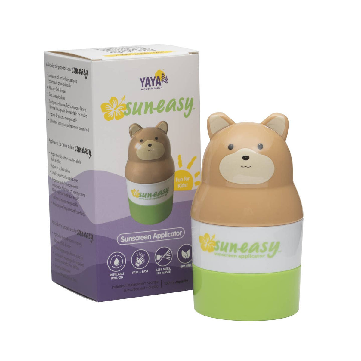 Sunscreen applicator with bear design and packaging on a white background