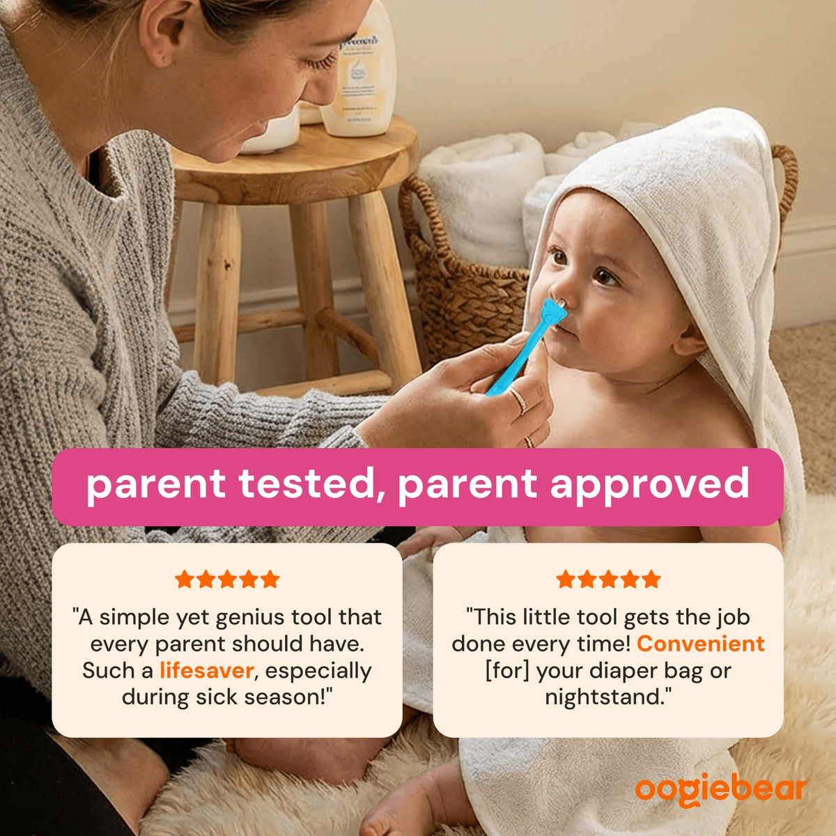 Woman brushing a baby's teeth with a blue toothbrush, surrounded by positive reviews and the Oogie Bear brand logo.
