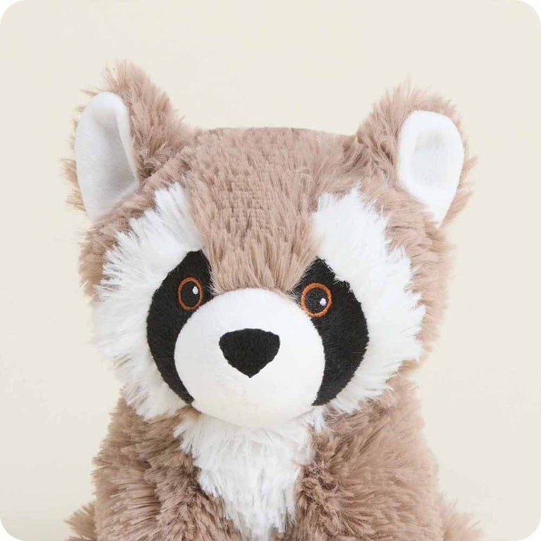 A close-up of the Raccoon Junior by Warmies plush toy, showing its head, fuzzy brown fur, white muzzle, and distinctive black-and-white eye patches.