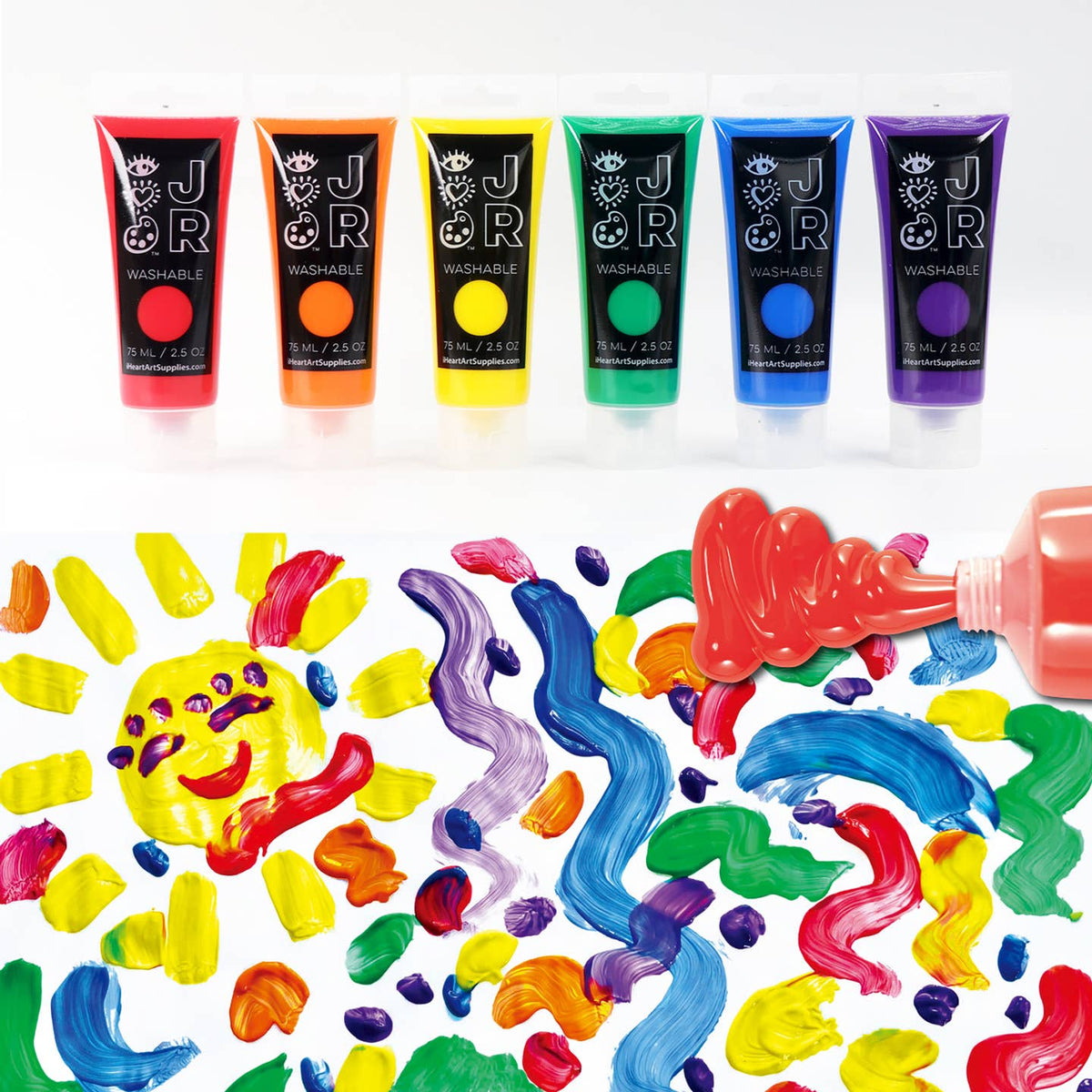 Set of colorful JR washable paint tubes with paint splashes on a white background