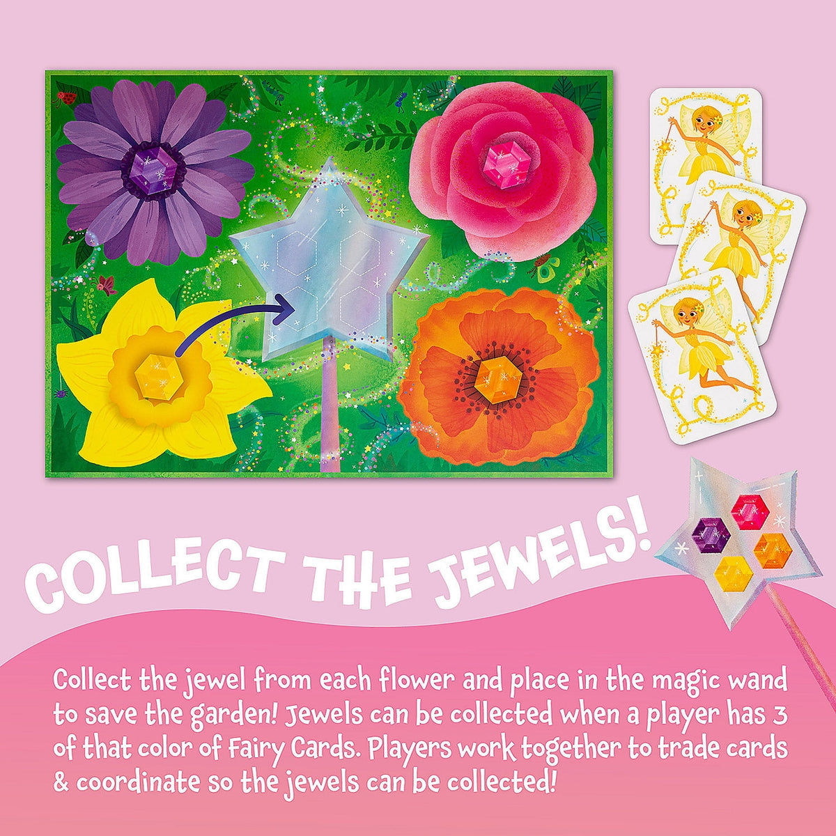 Children's game with flowers, a magic wand, and fairy cards on a pink background