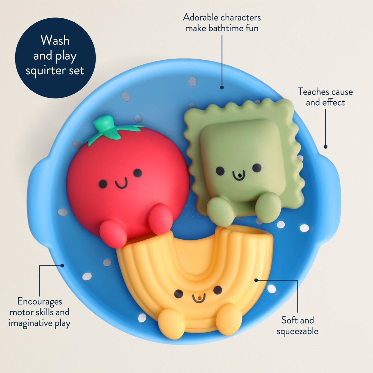 Colorful bath toy set with tomato, pasta, and shell design on a blue base.