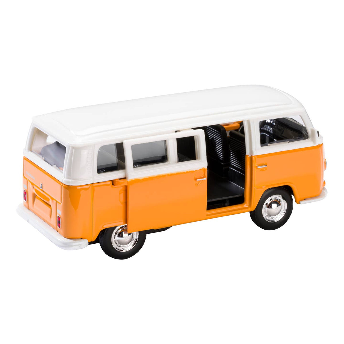 Model of an orange and white van on a white background