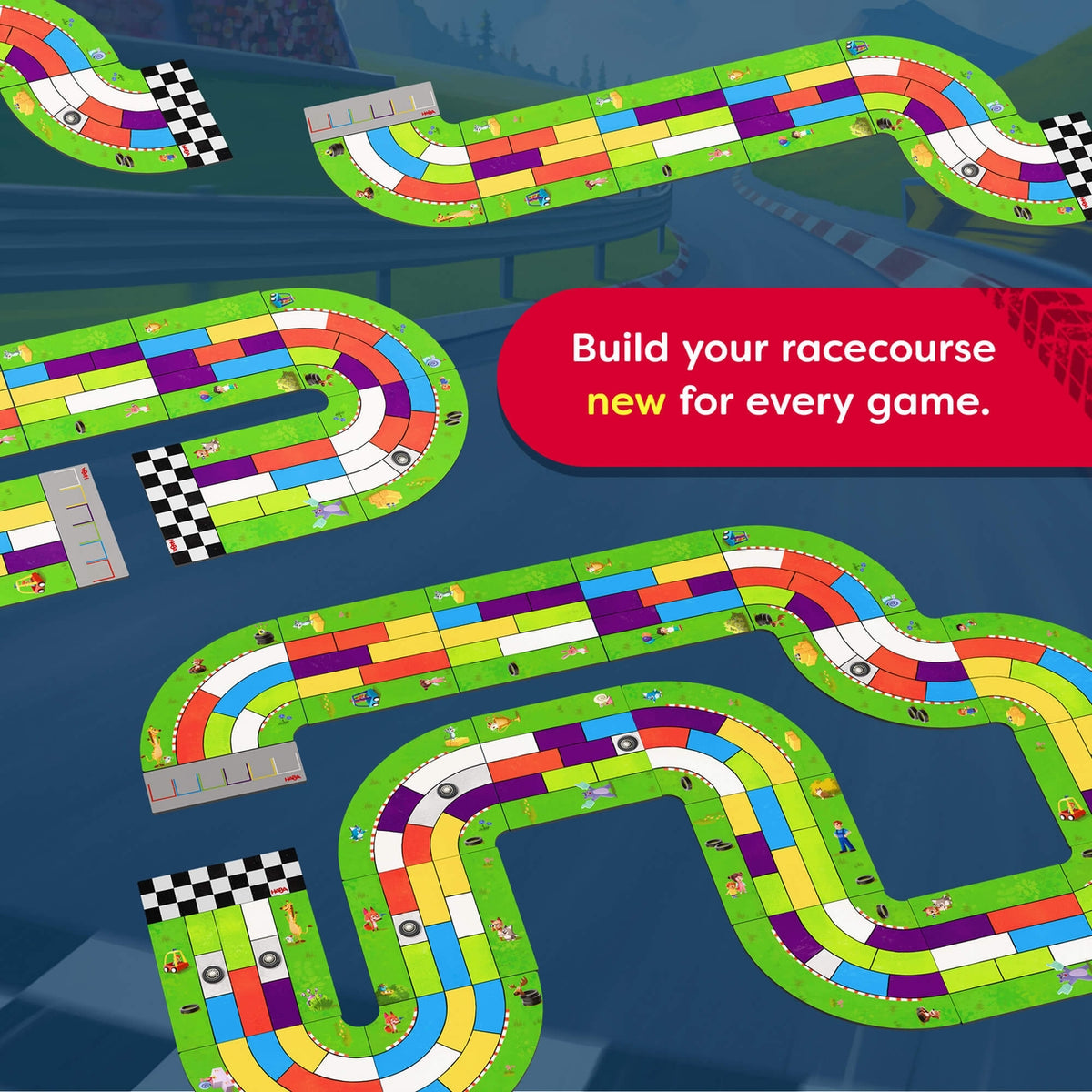 A top-down view of a colorful racecourse board game layout on a dark blue background, with multiple winding green track sections, checkered flags, and a red promotional text bubble that reads, 'Build your racecourse new for every game.'.