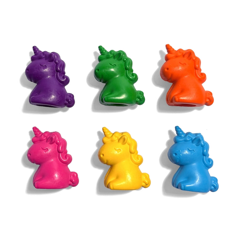 Six small unicorn-shaped items in different bright colors are arranged in two rows on a white background. The colors shown are purple, green, orange, pink, yellow, and blue.