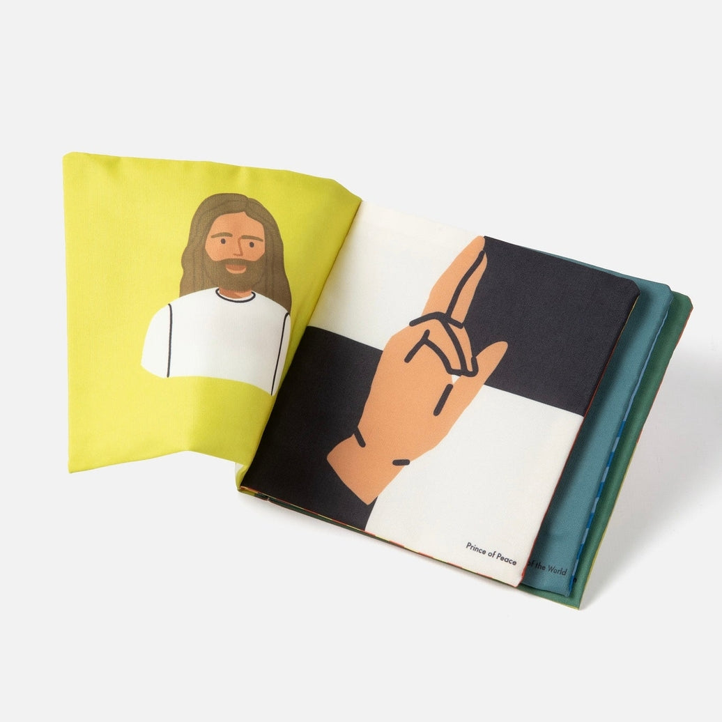 Open book with illustrations of a person and a hand on a white background