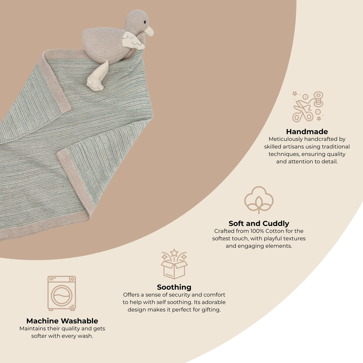 Baby blanket with toy on a beige background, featuring text about product features.