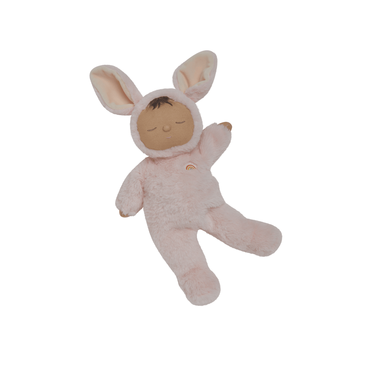 Plush toy baby in a bunny costume on a black background